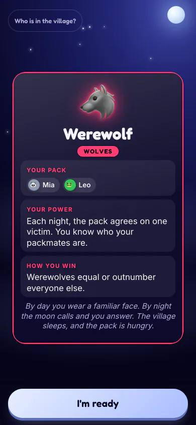 A phone showing a Werewolf role card: the role's power, how it wins, and the names of its pack.
