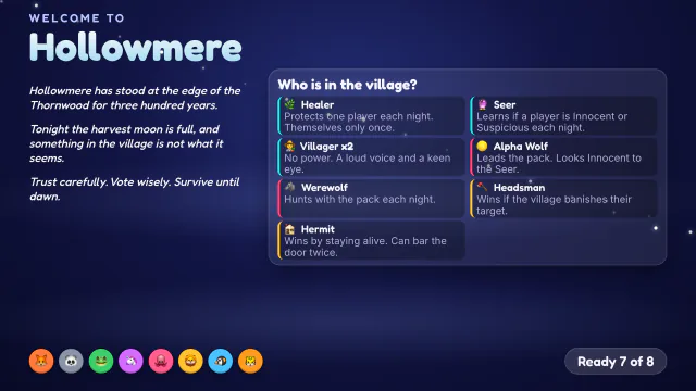 Welcome to Hollowmere: the story of the village beside a list of the roles in play tonight.
