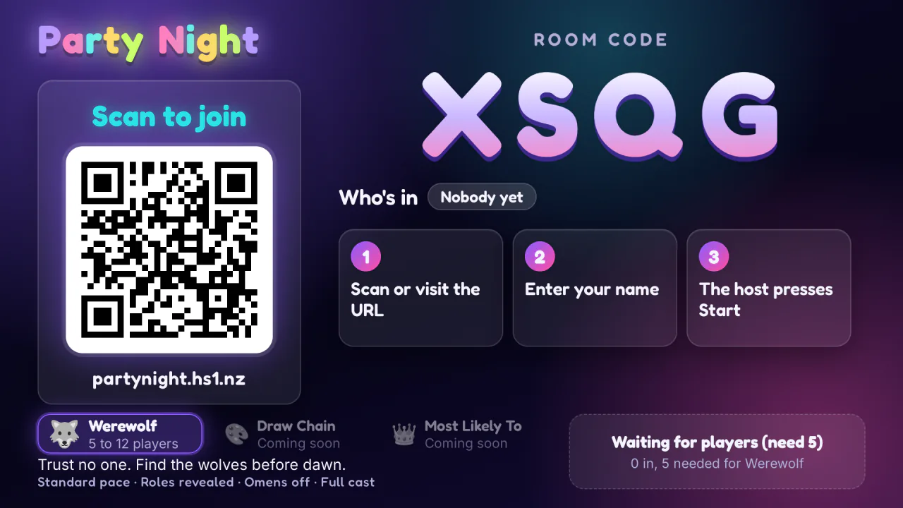 The Party Night lobby on the TV: a QR code to scan, the room code XSQG, and three steps to join.