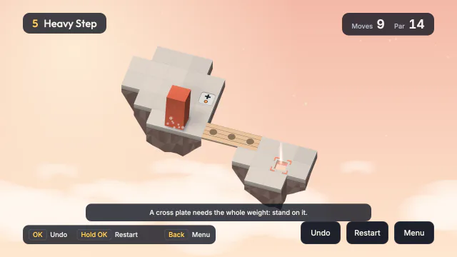 Level 5, Heavy Step, in Daybreak: a red domino standing beside a cross plate, with a wooden bridge leading to the socket.