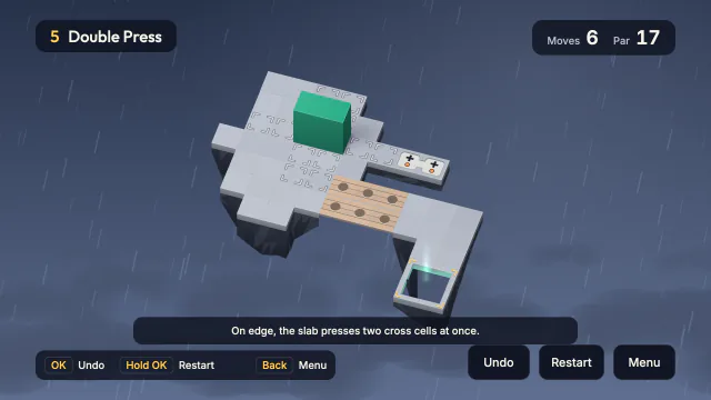 Level 5, Double Press, in Thunderhead: a green slab on a grey island in the rain, near two cross plates.